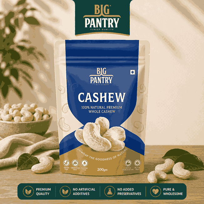 Big Pantry Whole Cashews W320 200g pouch, front view